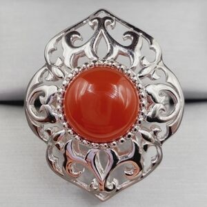 Intricate Red Carnelian and 925 Sterling Silver Filigree Ring